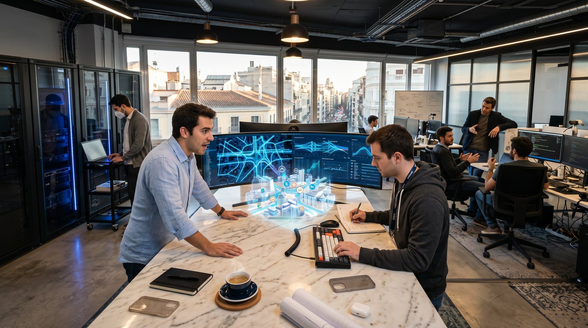 Madrid lab marble table with AI urban grids on Dell monitors, holographic Barcelona traffic, NVIDIA GPU racks, Eames chairs, and design elements