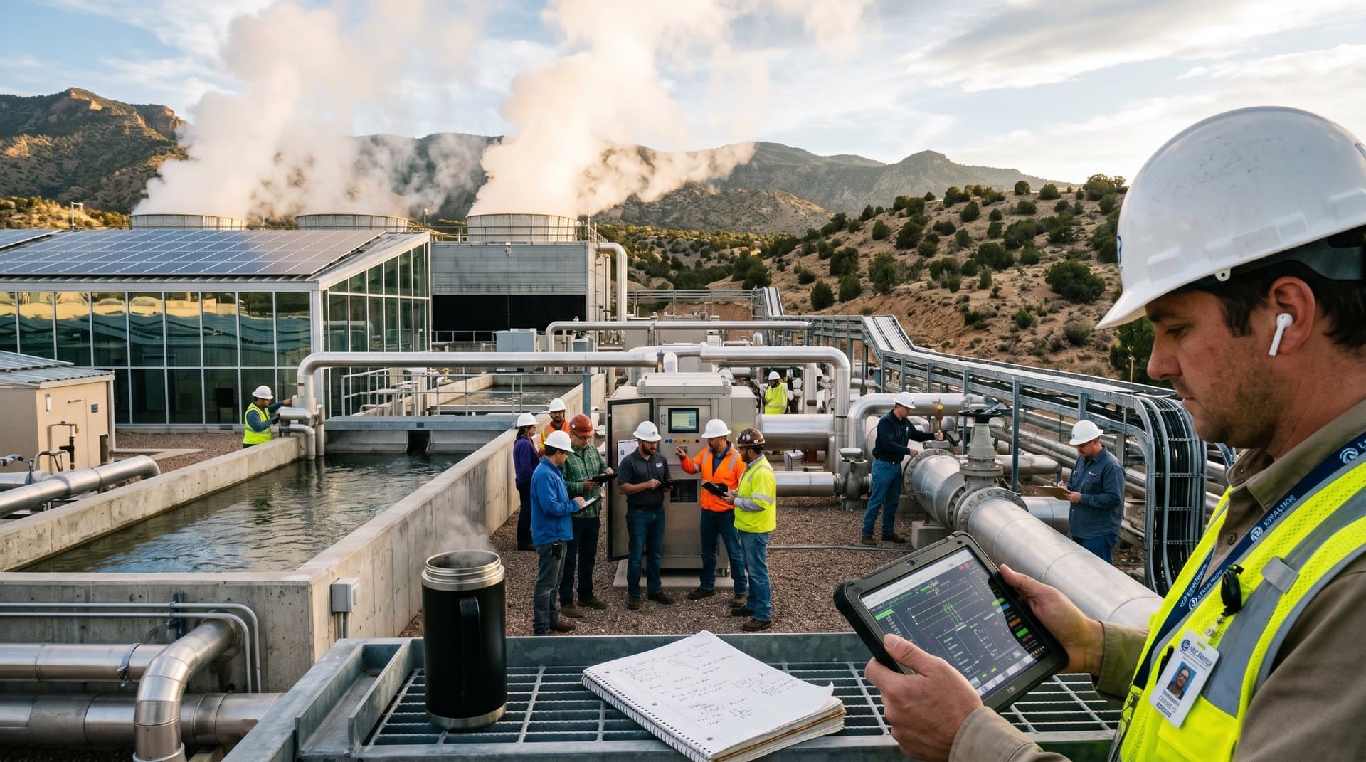 Evaporative cooling towers at Los Alamos supercomputing facility amid New Mexico desert landscape