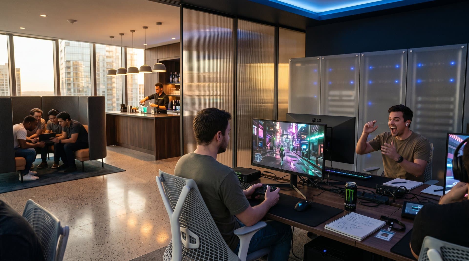 AI gaming lounge blending OLED walls, haptic chairs, crypto rewards, and city skyline views