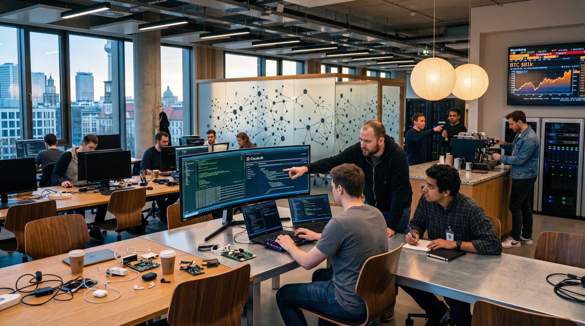 Curved monitor shows Claude AI analysis in Berlin tech office with Vitra walnut chairs, Dell laptops, Bloomberg terminal, and BTC crypto charts