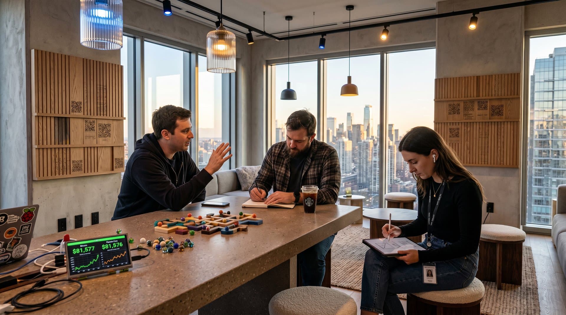 Urban playroom with terrazzo ledger table, crypto screens, and blockchain marble setup in luxury high-rise