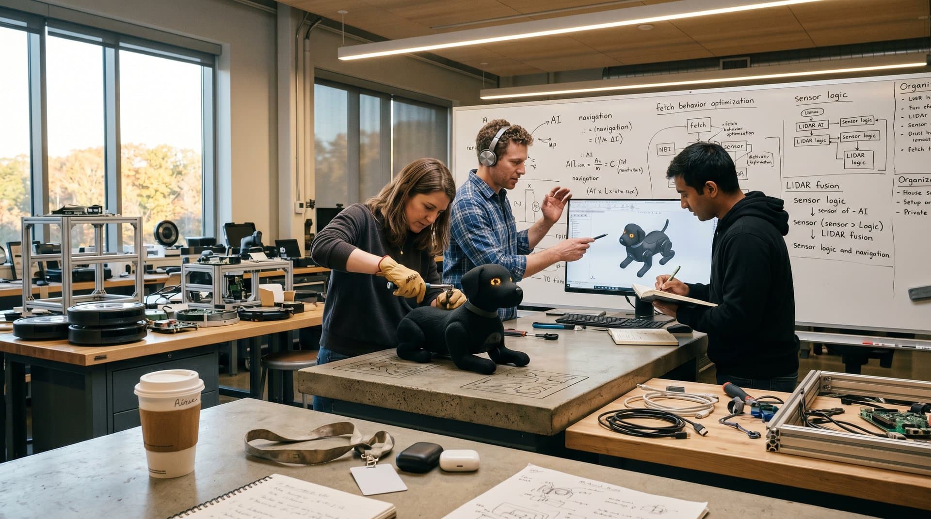 Engineers refine AI-powered pet robot in iRobot studio amid design tools and tech displays