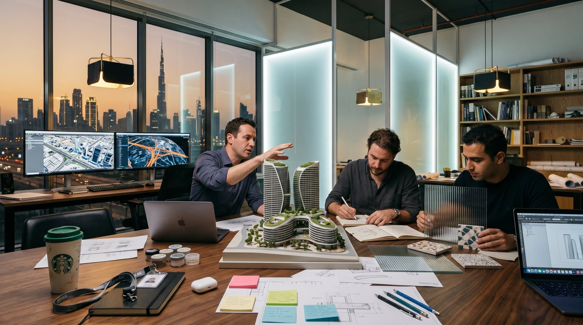 Design studio with AI 3D smart city models on screens amid terrazzo and walnut materials against city skyline