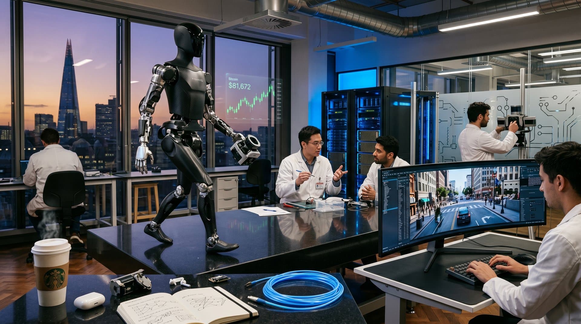 Figure 02 humanoid robot on workbench in robotics lab with monitors, GPUs, and urban sims overlooking Thames