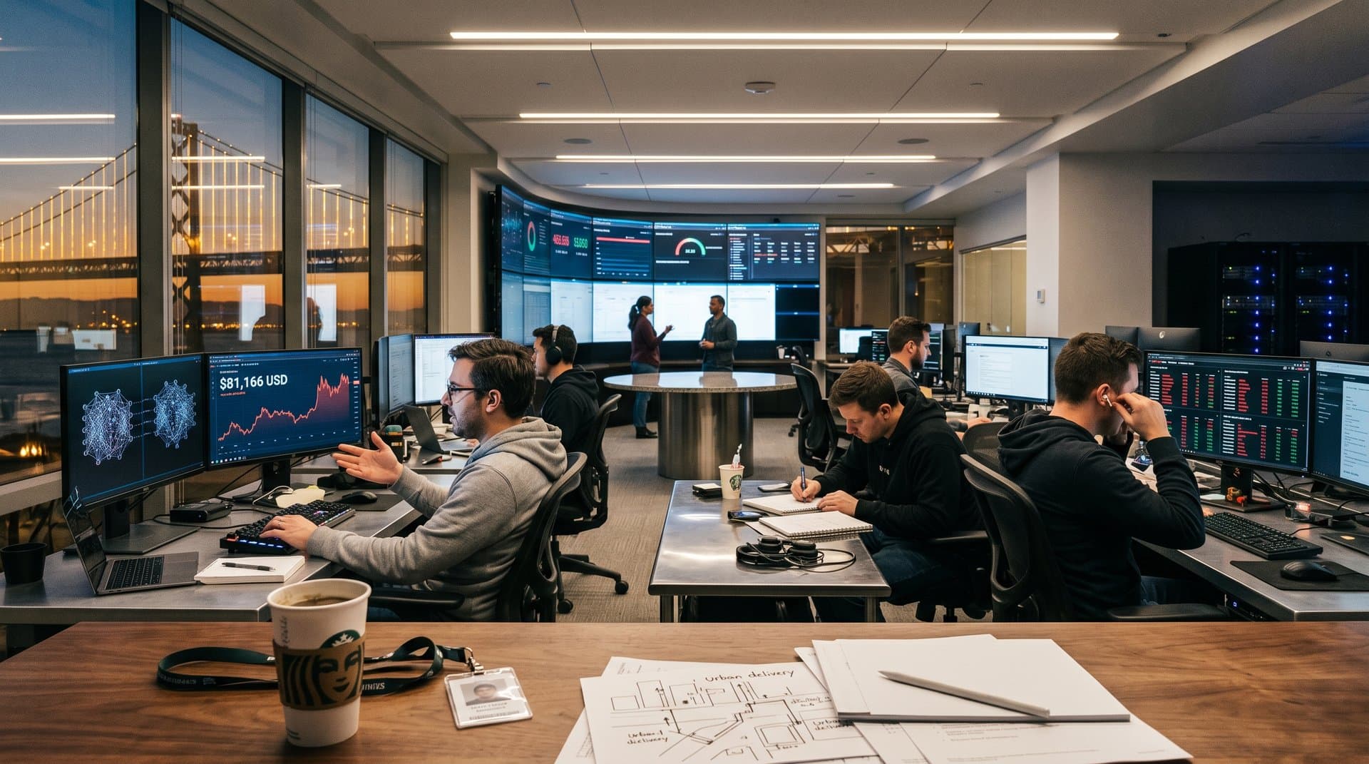 San Francisco tech office with AI dashboards, Bitcoin price charts at $81K, and urban skyline views