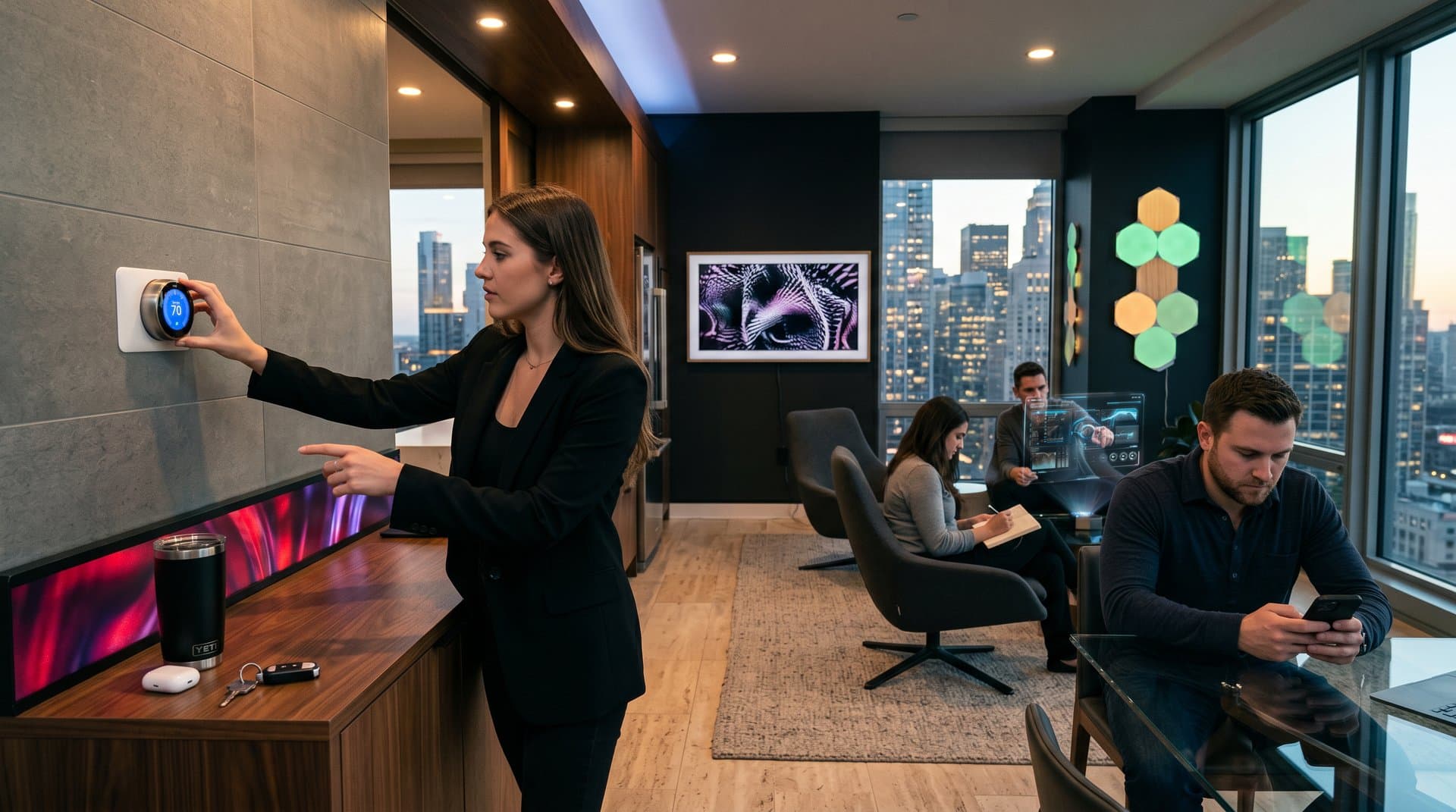 Urban smart loft with Nest thermostat, Hue lights, and Samsung Frame TV under AI-controlled LEDs showcasing modern tech design