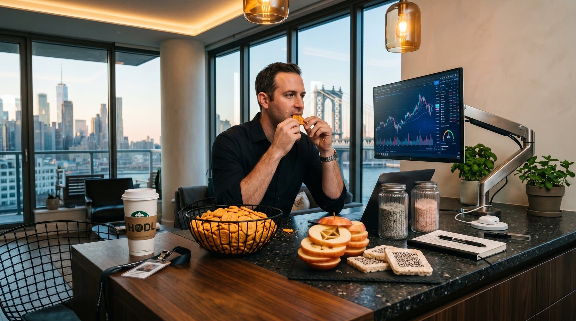 Urban kitchen with Goldfish BTC tokens on terrazzo, tablet showing $81K price and Fear Index 46, Apparatus pendants glowing amid city design details