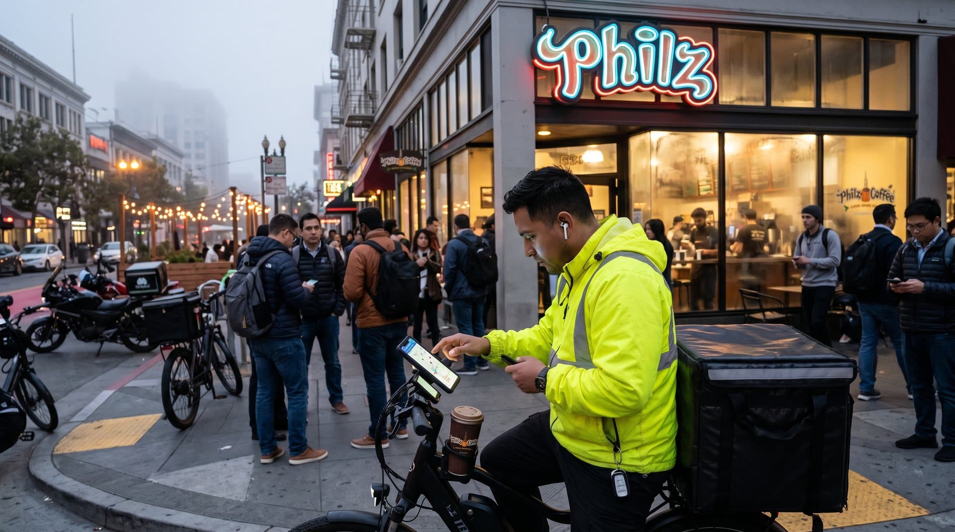 Urban gig workers on AI delivery bikes navigate San Francisco food districts amid Coinbase layoffs impact