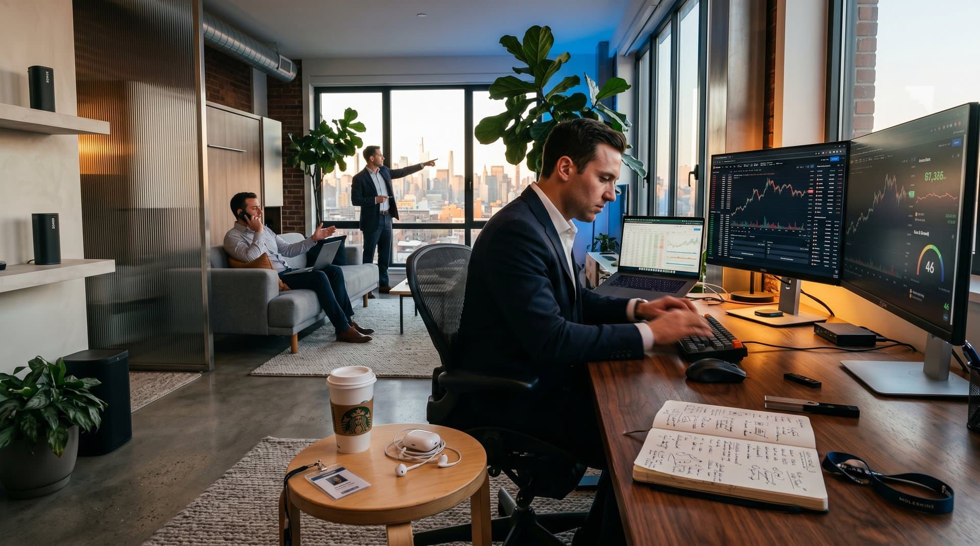 Modern Brooklyn loft crypto trading office with Artek stool, Sonos speaker, fluted glass, Murphy bed, and skyline view amid AI job jitters