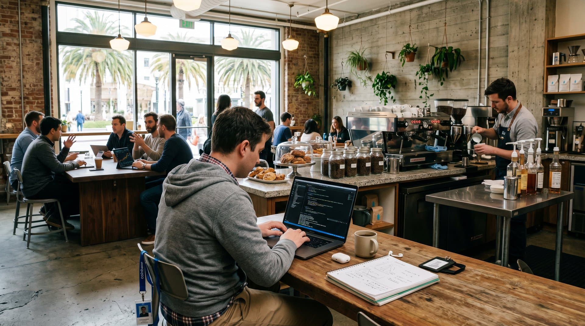 Tech professionals at walnut tables in upscale San Francisco cafe, laptops open to AI amid barista espresso service and natural light