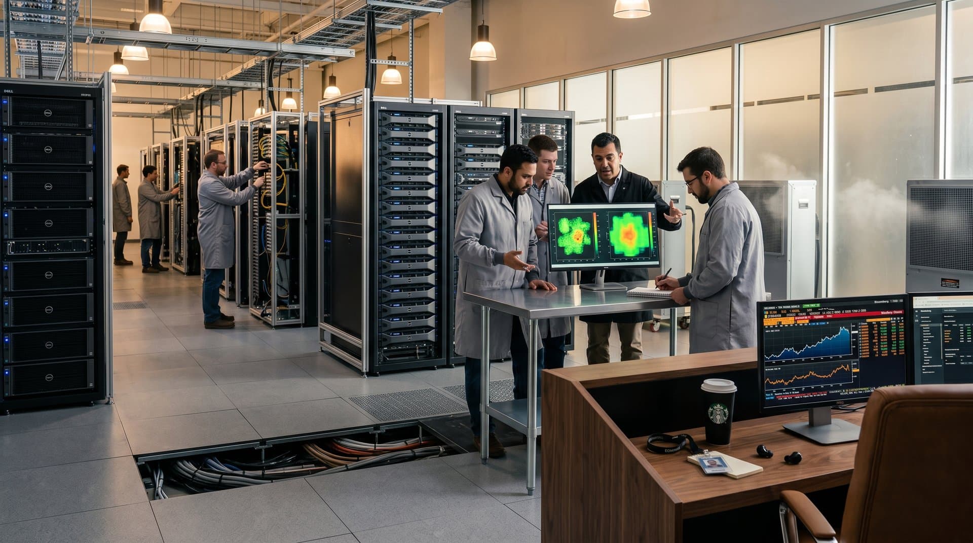 Technicians and engineers monitor AI servers in a tier-IV data center amid glowing racks and Bloomberg terminals