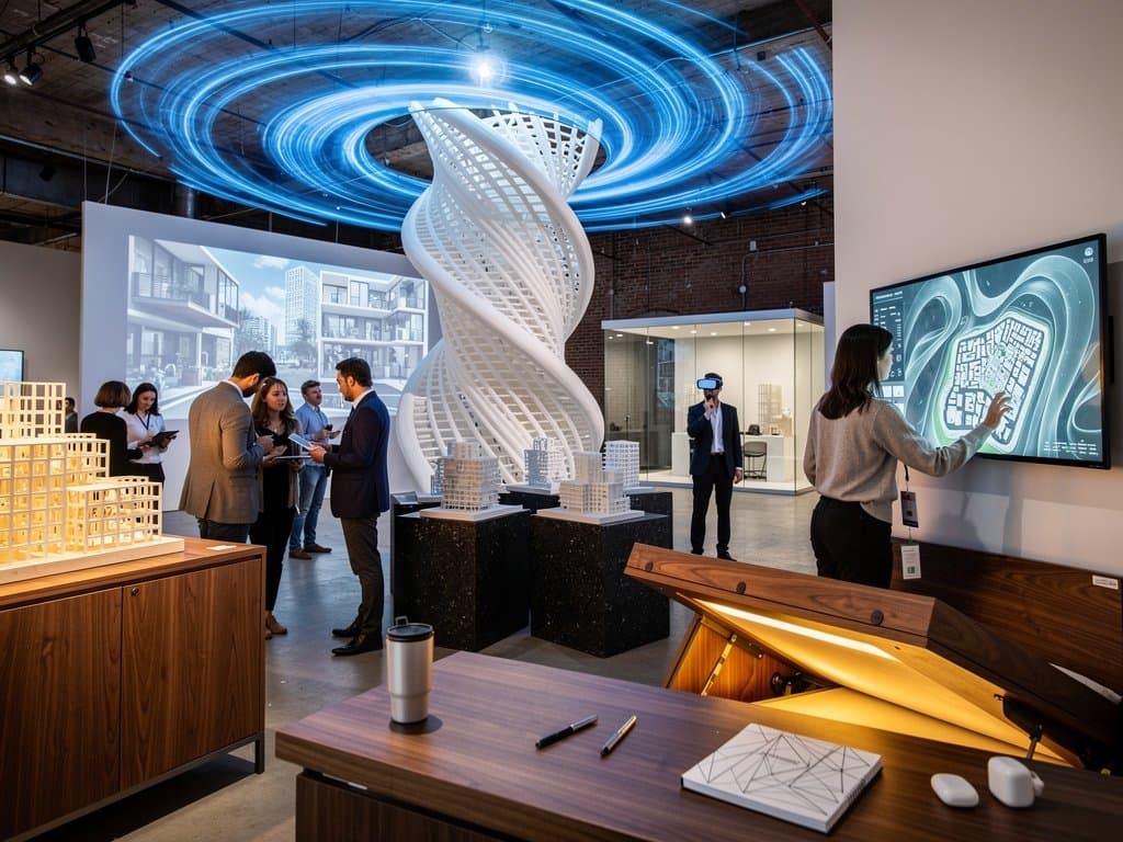 SoHo warehouse exhibition of generative AI architecture with 3D-printed facades, holographic projections, and interactive urban home designs