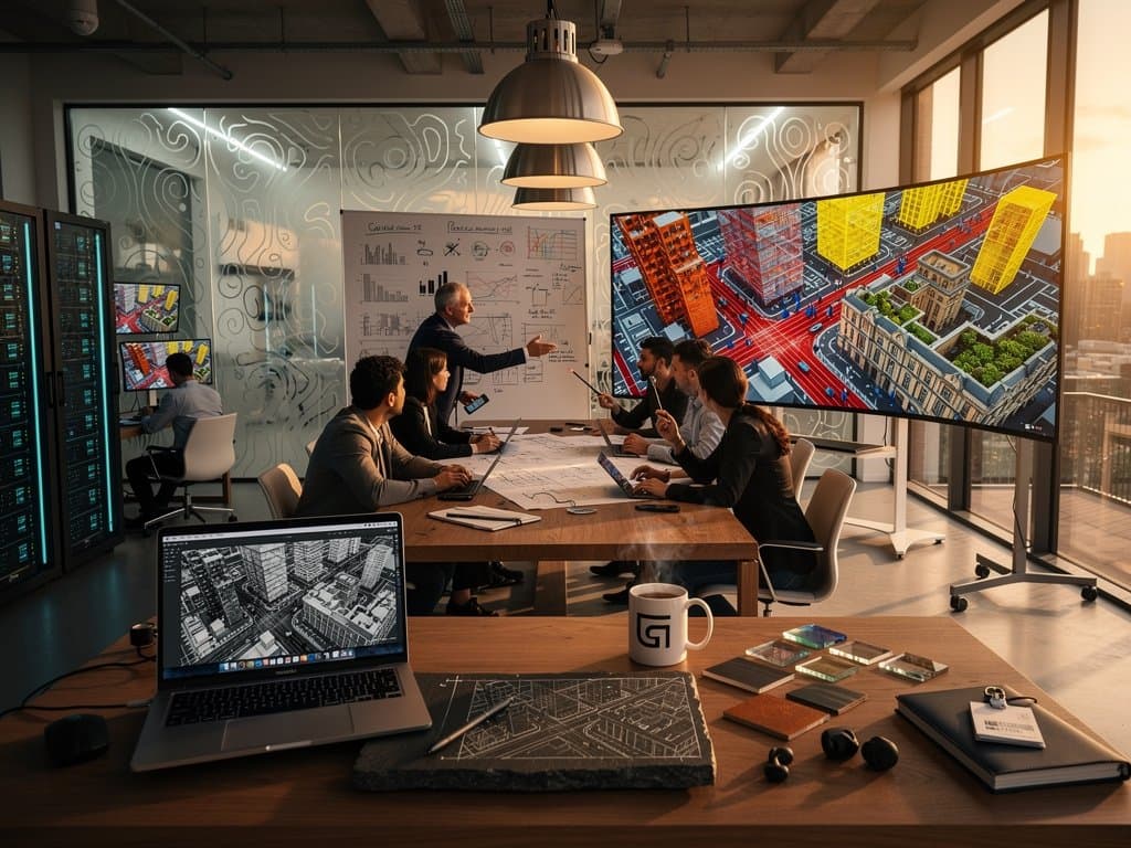 Architect studio screen shows jagged intelligence smart city sim with traffic spikes, energy glitches amid sketches of brutalist facades and green roofs