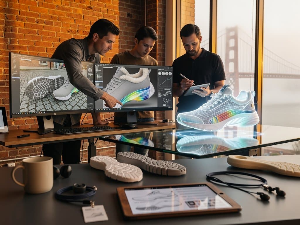Allbirds studio team analyzes AI sneaker treads and slipper designs on monitors amid prototypes and urban sketches