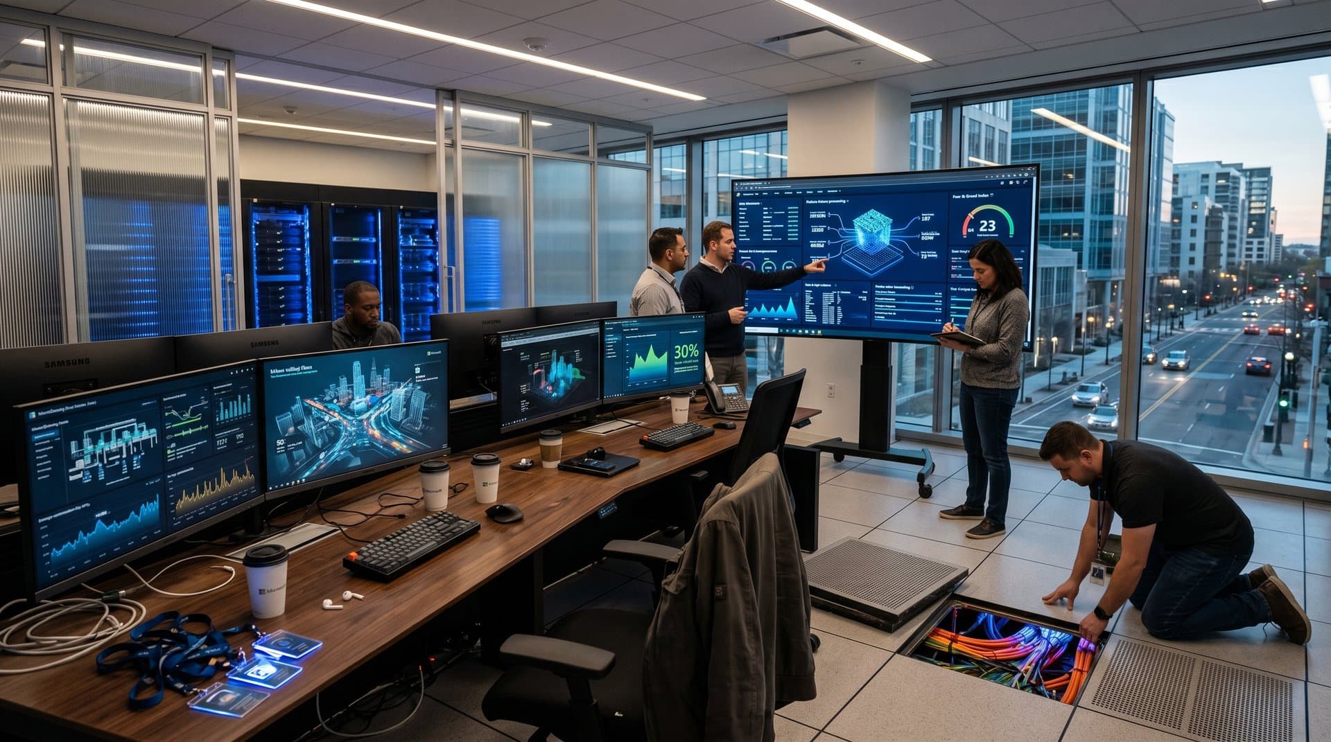 Engineers monitor AI dashboards on walnut consoles in Microsoft Azure data center amid server racks and production sims