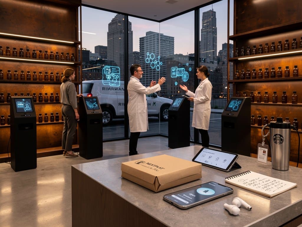 Urban AI pharmacy hub with touchscreen kiosks scanning prescriptions, drone packages, and BTC ticker amid modern industrial design and city skyline