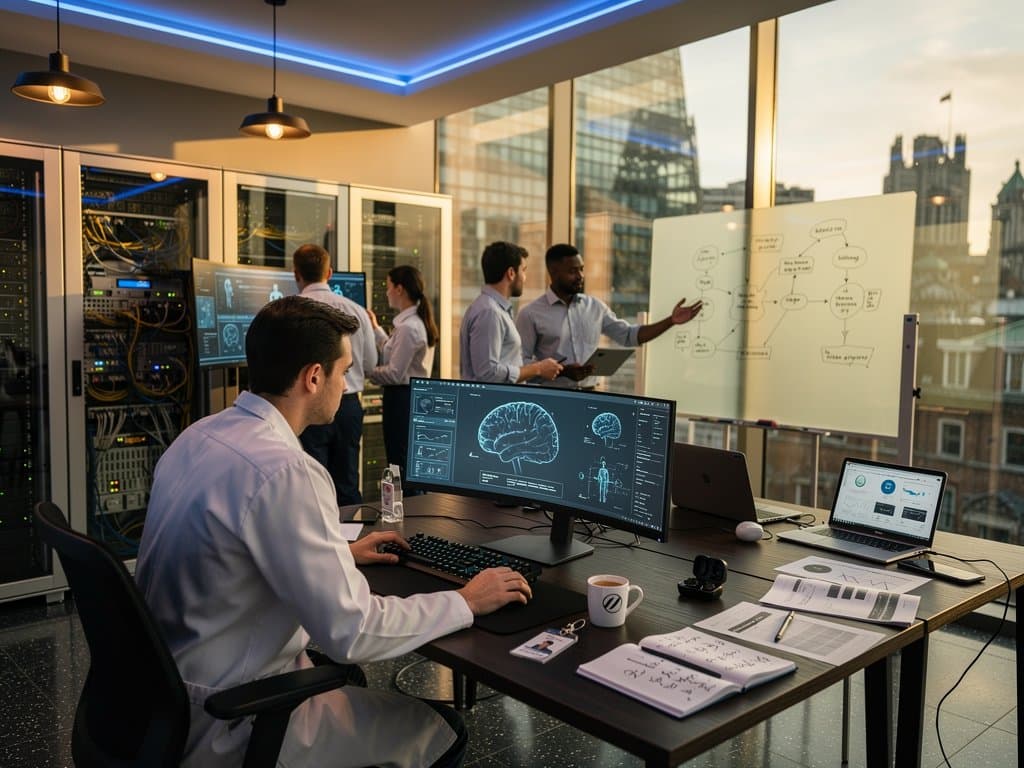 AI lab scene with monitors displaying prescription neural networks, whiteboards of drug algorithms, glowing servers in modern open-plan workspace