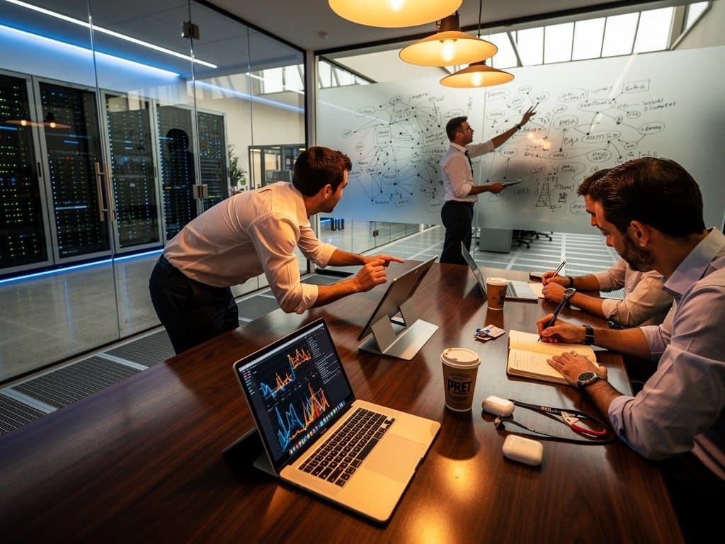 Walnut table with AI graphs on monitors in glass-walled tech lab under designer lights