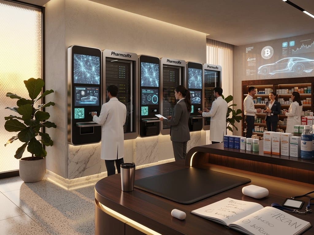 Urban pharmacy with AI prescription kiosks, fluted glass screens, aluminum hardware, and biophilic elements in Manhattan setting