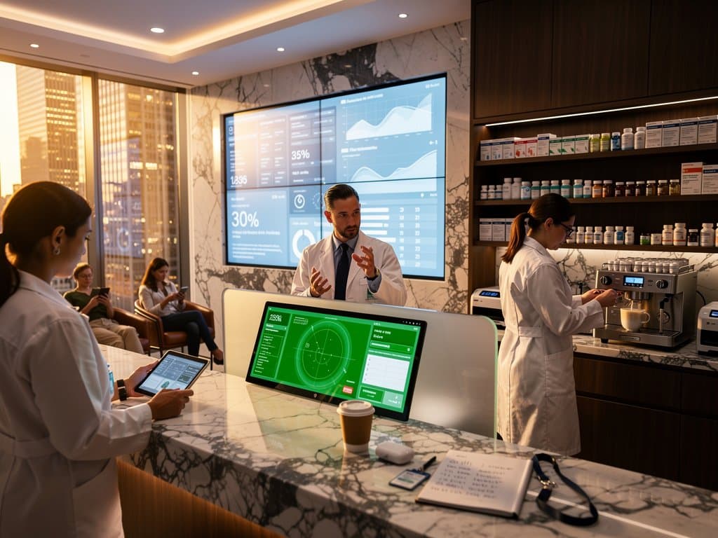 Urban SoHo pharmacy with AI prescription processing kiosk, marble counters, walnut shelves under LEDs