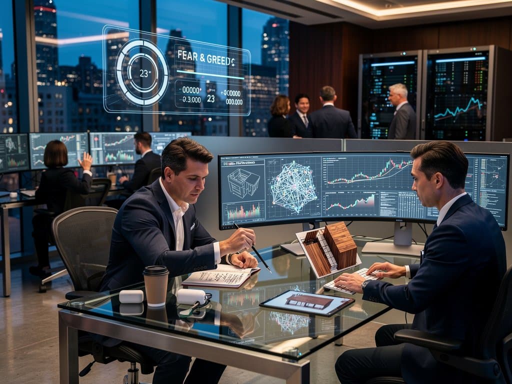 Urban legal tech office with AI monitors displaying contract analysis, crypto charts, and city skyline views amid server lights