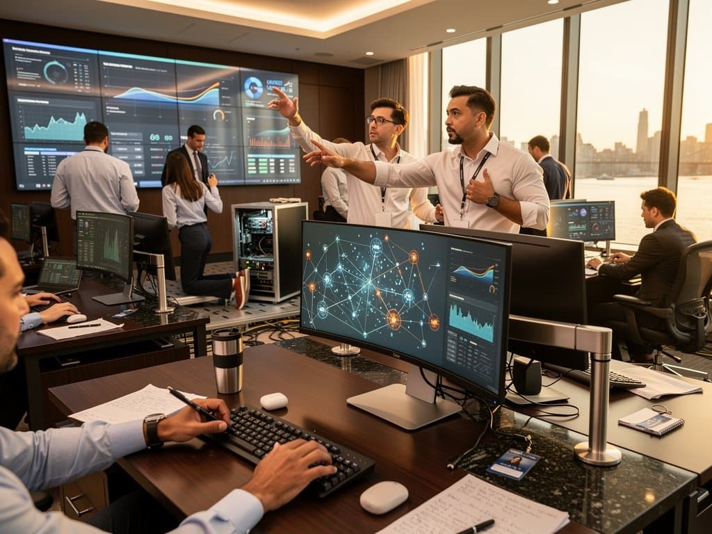 Professionals at multi-monitor terminals in Wall Street compliance suite analyze AI-highlighted legal contracts and crypto charts