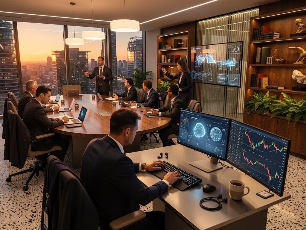 Gensler-designed Manhattan law office with AI dashboards, walnut desks, Bloomberg terminals, and crypto charts overlooking cityscape