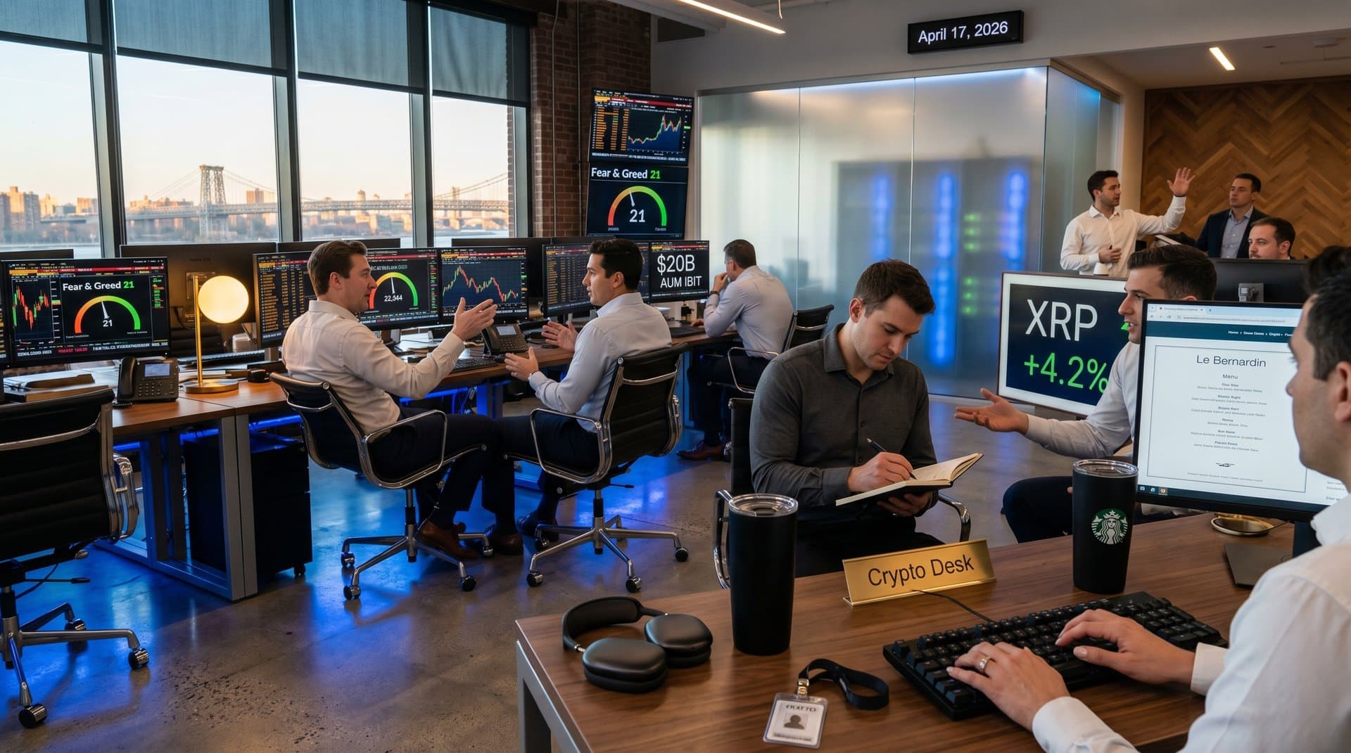 Traders analyze crypto ETF performance on high-res terminals amid urban skyline, Bitcoin at $75K