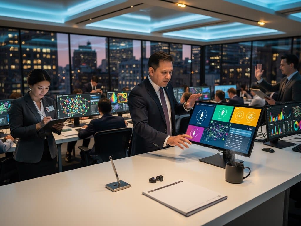 Modern urban court AI kiosk with Pentagram design, OLED screens showing legal AI interfaces, NYC skyline view, and high-tech verification elements in efficient environment