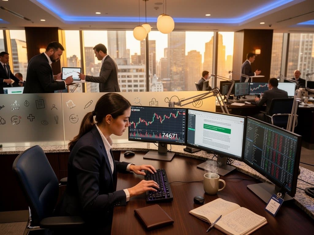 Lawyer at Bloomberg desk analyzes AI-highlighted contracts beside BTC price charts on multi-monitors