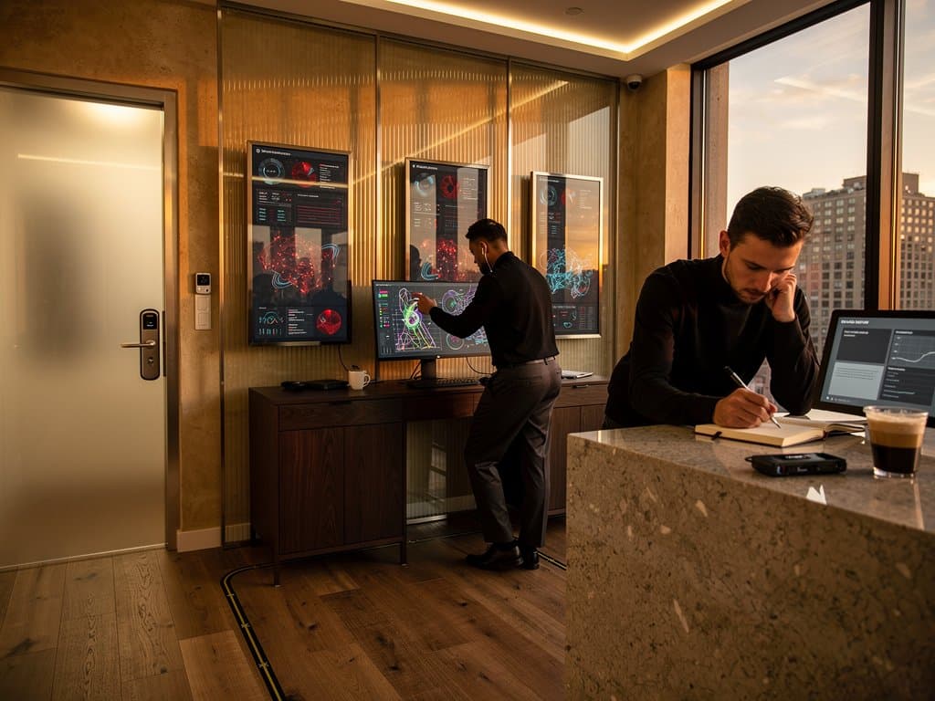 Urban smart apartment with AI cybersecurity dashboards on Nest hubs amid luxury design elements like fluted glass and dark walnut consoles