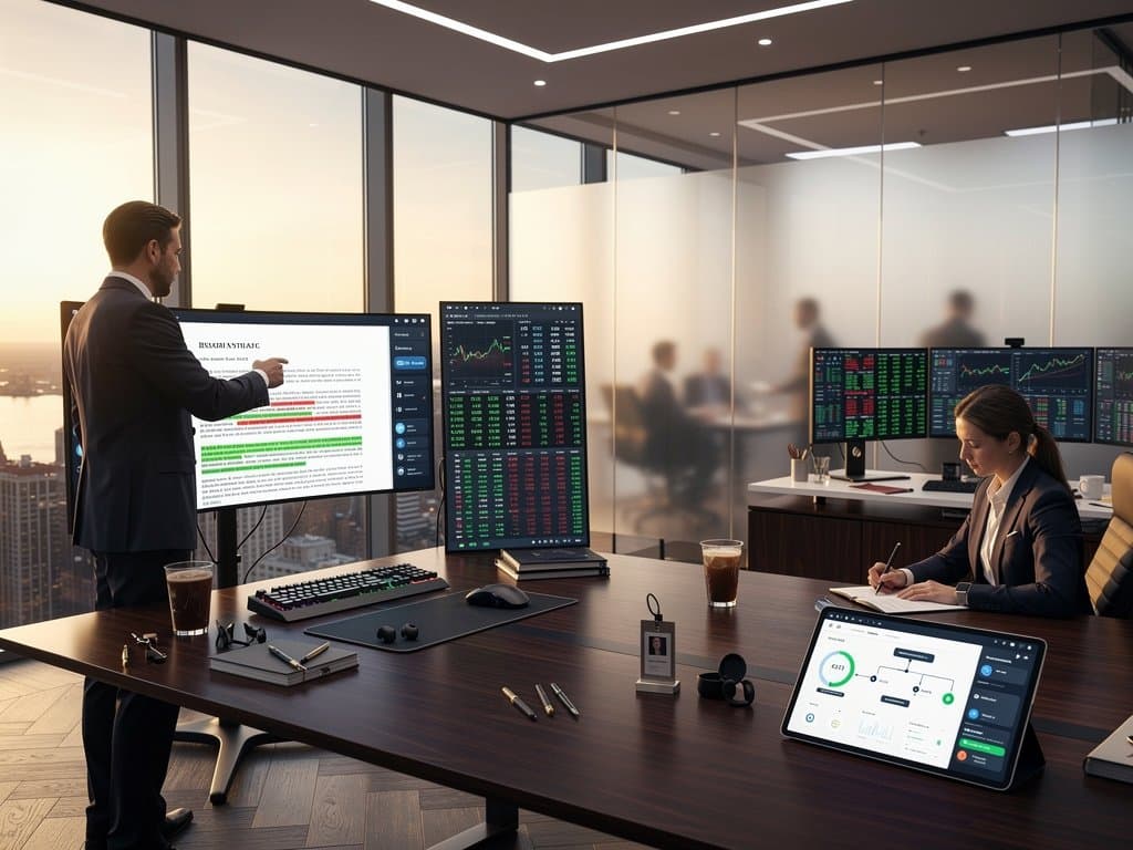 AI-highlighted contracts on OLED monitors beside Bloomberg BTC charts in modern Manhattan law office