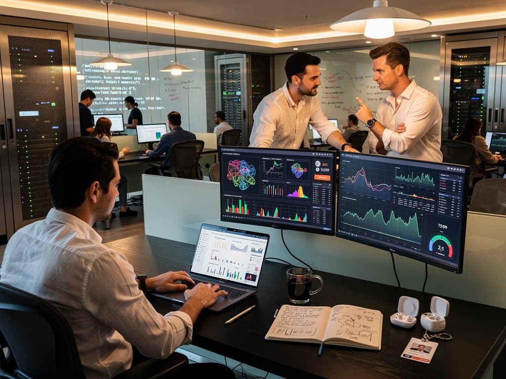 Urban analyst reviews Wyoming AI training and crypto charts in sleek Manhattan co-working space