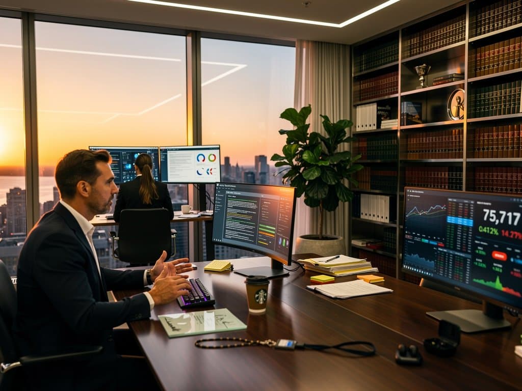 High-rise law office with AI screens, Bloomberg Terminal, and city skyline view