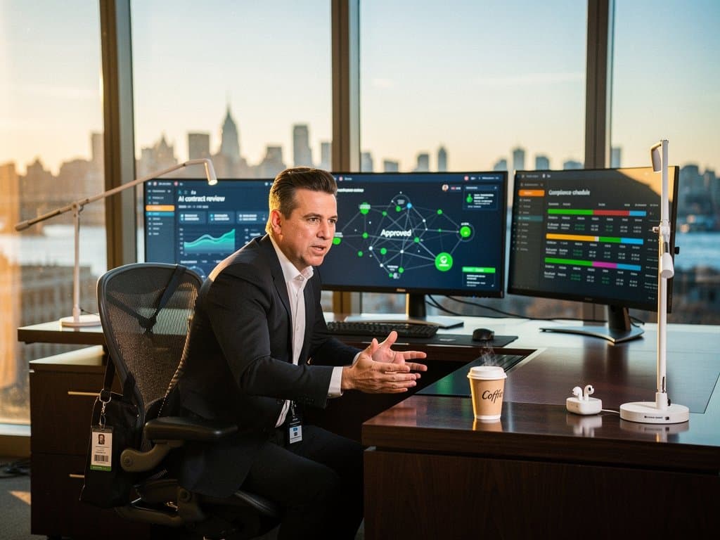AI legal dashboards on curved monitors in modern Manhattan law firm suite with Hudson view, high-tech desks and river light