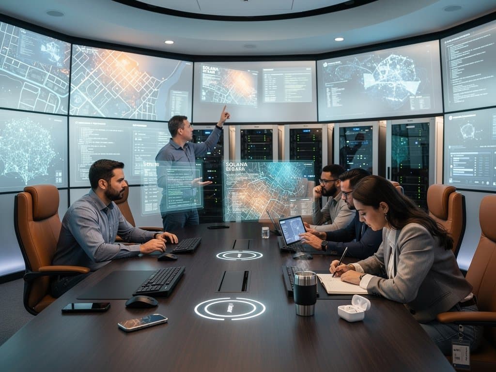 Smart city control room with AI screens analyzing blockchain contracts and holographic maps against urban skyline