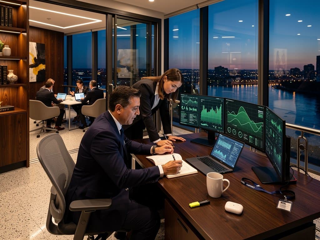 AI-powered legal conference room with curved monitors and touchscreens overlooking cityscape