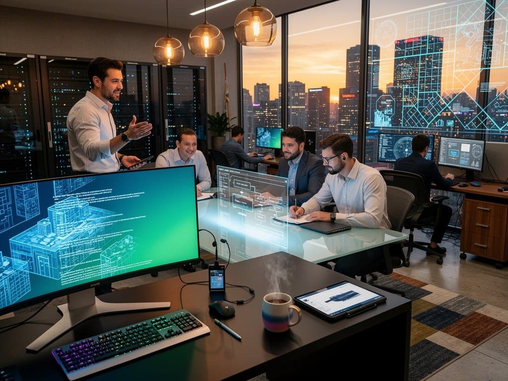 City planners collaborate on AI screens showing urban zoning models and smart contracts in modern office with skyline view
