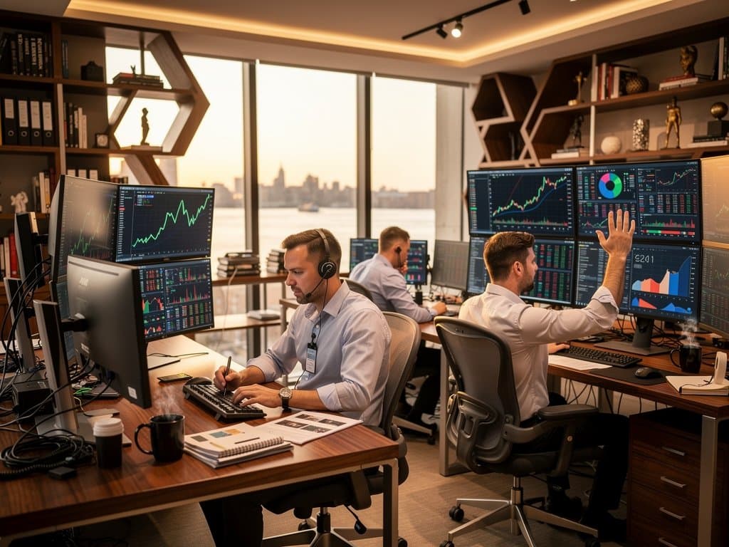 Trading desk showing Ethereum vs Solana charts with urban design elements