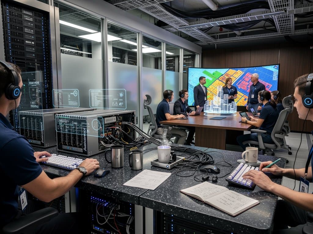 Anthropic Mythos AI servers and urban data visualizations in secure Tier IV data center