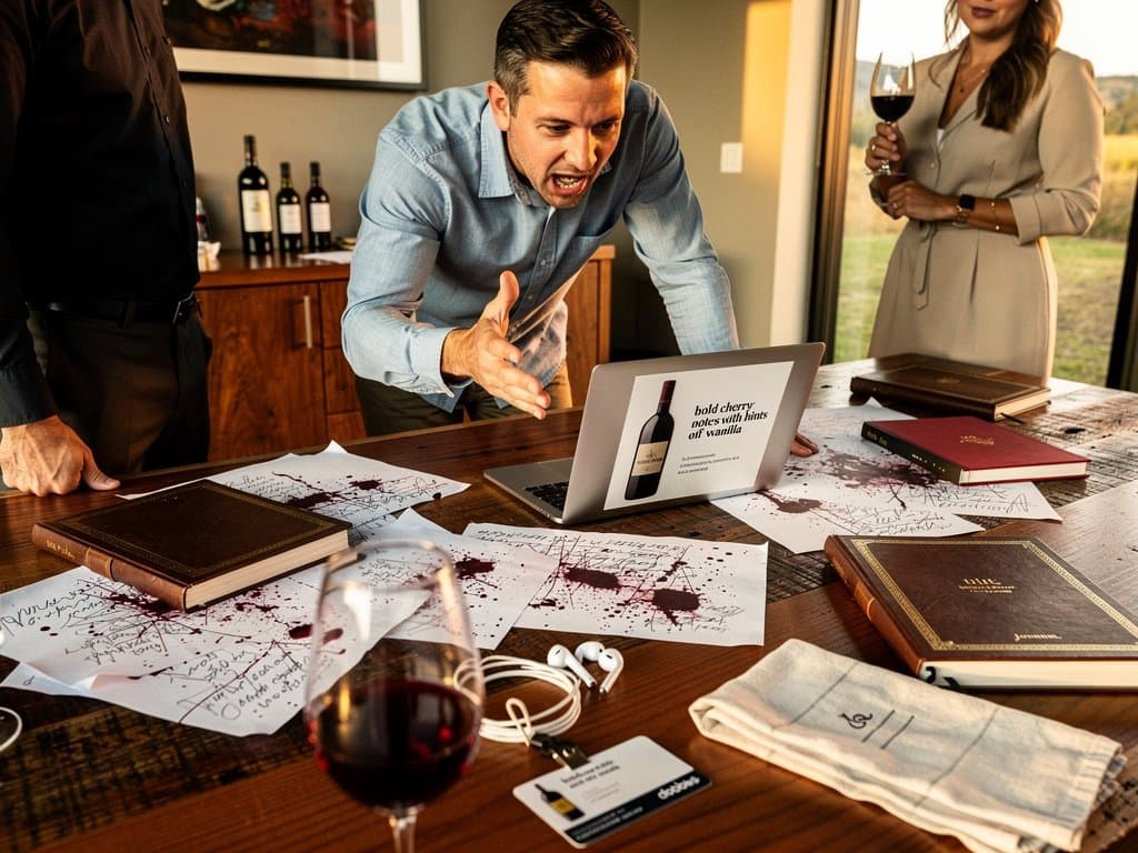 Oregon winery tasting room with AI-generated wine label on laptop amid oak barrels and vineyard view