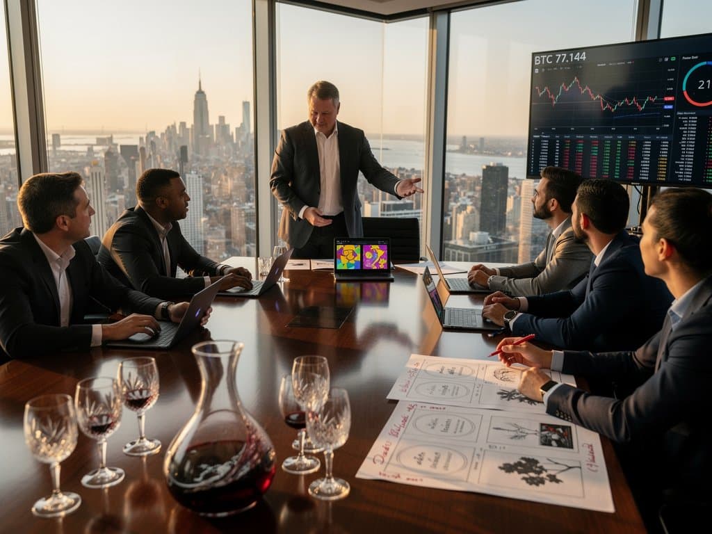 Conference table with AI wine labels, crypto charts, and pinot noir overlooking Manhattan skyline