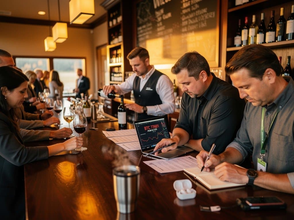 Oregon winery tasting room with AI-generated labels clashing against handwritten ones, crypto charts on laptop amid family tension