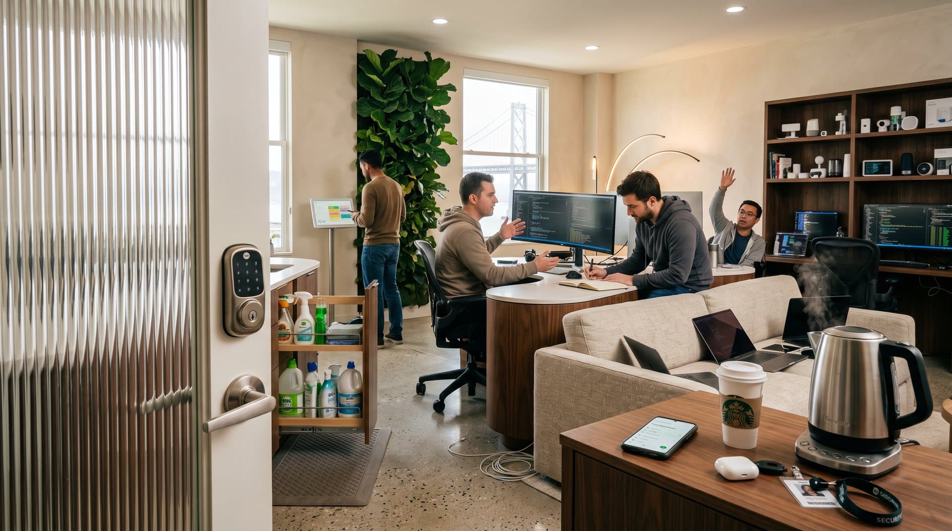 Urban smart loft optimized for gig chores with Yale lock, terrazzo floors, and TaskRabbit app amid tech design elements