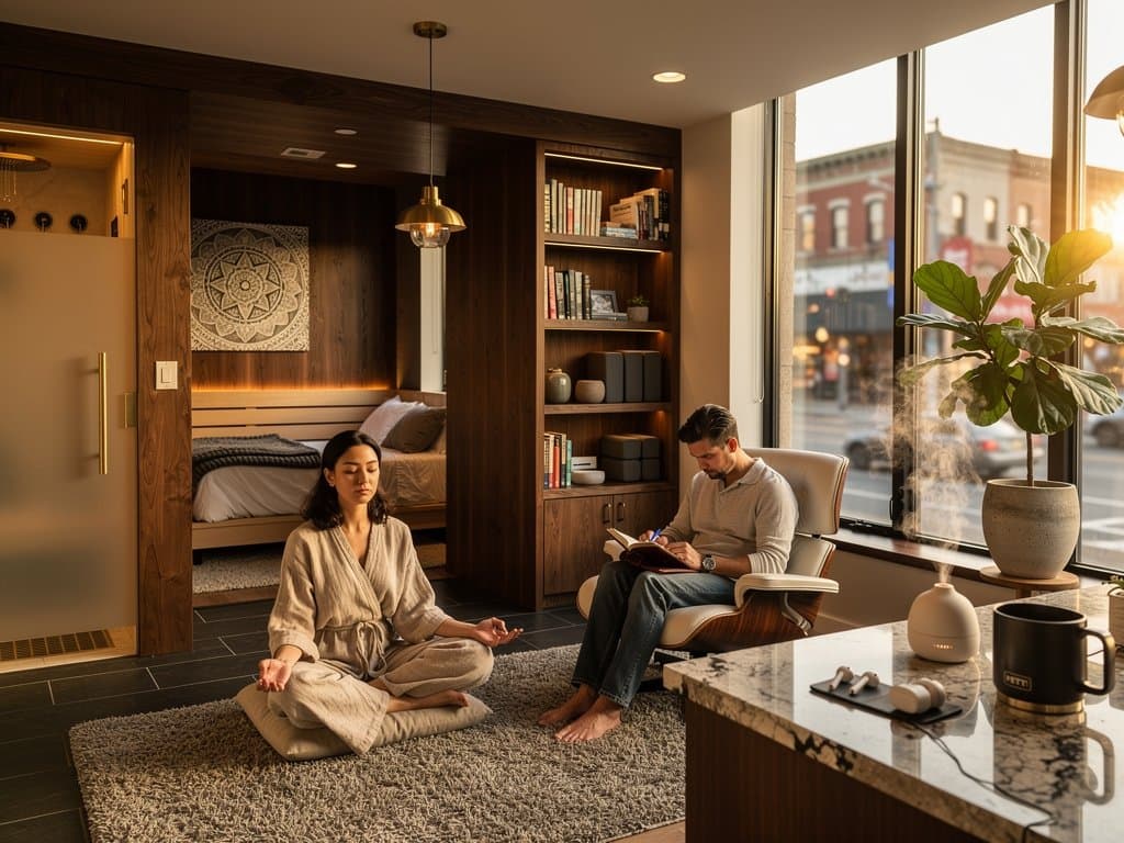 Walnut meditation nook and Kohler sauna in modern East Nashville apartment, natural light, wellness materials, urban calm
