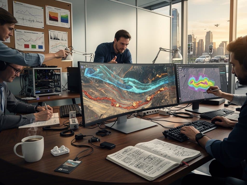 AI-enhanced 3D geological maps of mineral veins on monitors in sleek tech lab with frosted glass and city skyline