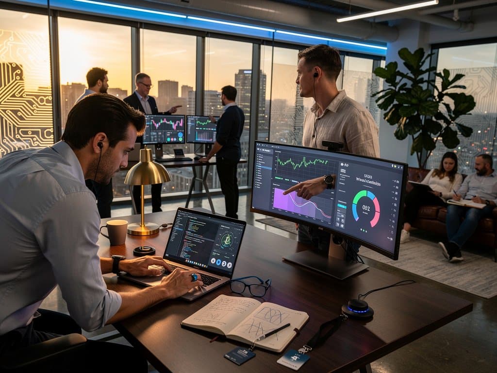 Nashville office: AI mental health app on MacBook, crypto charts, wellness wearables, urban skyline