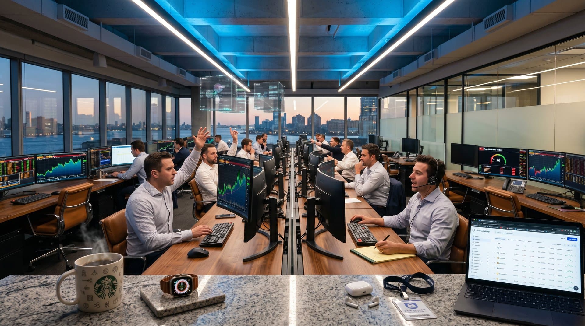 Traders at walnut desks with Bloomberg terminals showing XRP at $1.48 and Fear & Greed at 26 on a vibrant Goldman Sachs floor