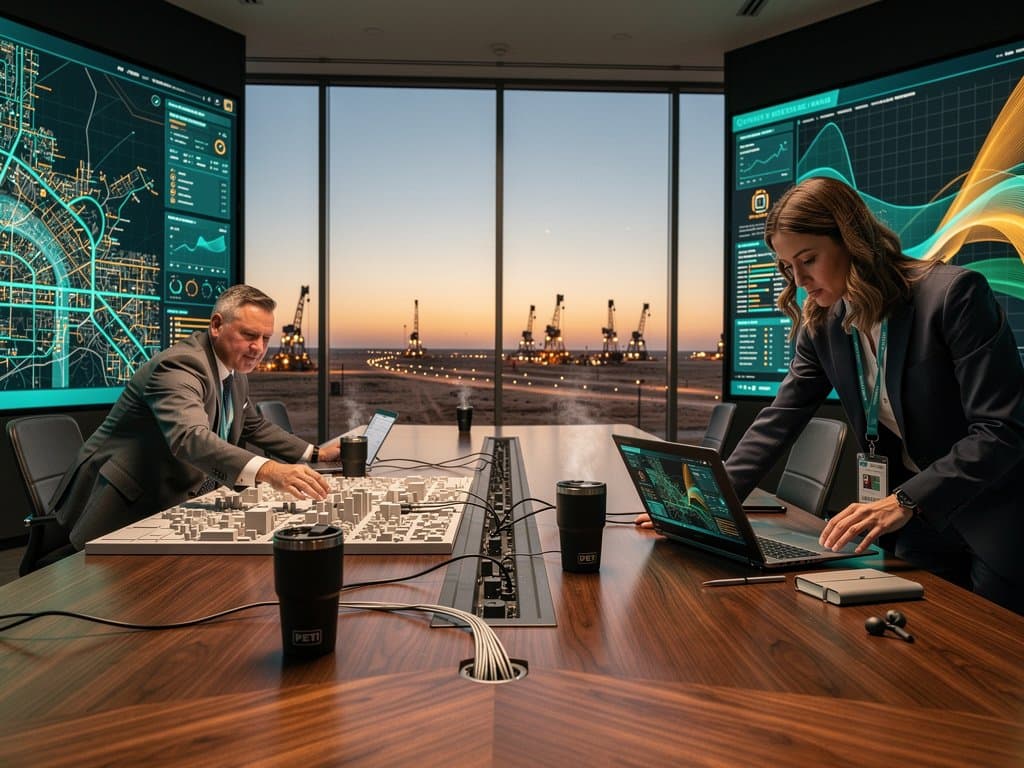Midland Texas smart city command center with AI dashboards and Permian Basin view
