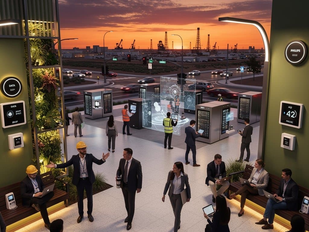 Midland Texas smart city at dusk with AI-embedded glass facades, LED lights, and sensor benches amid Permian oil rigs